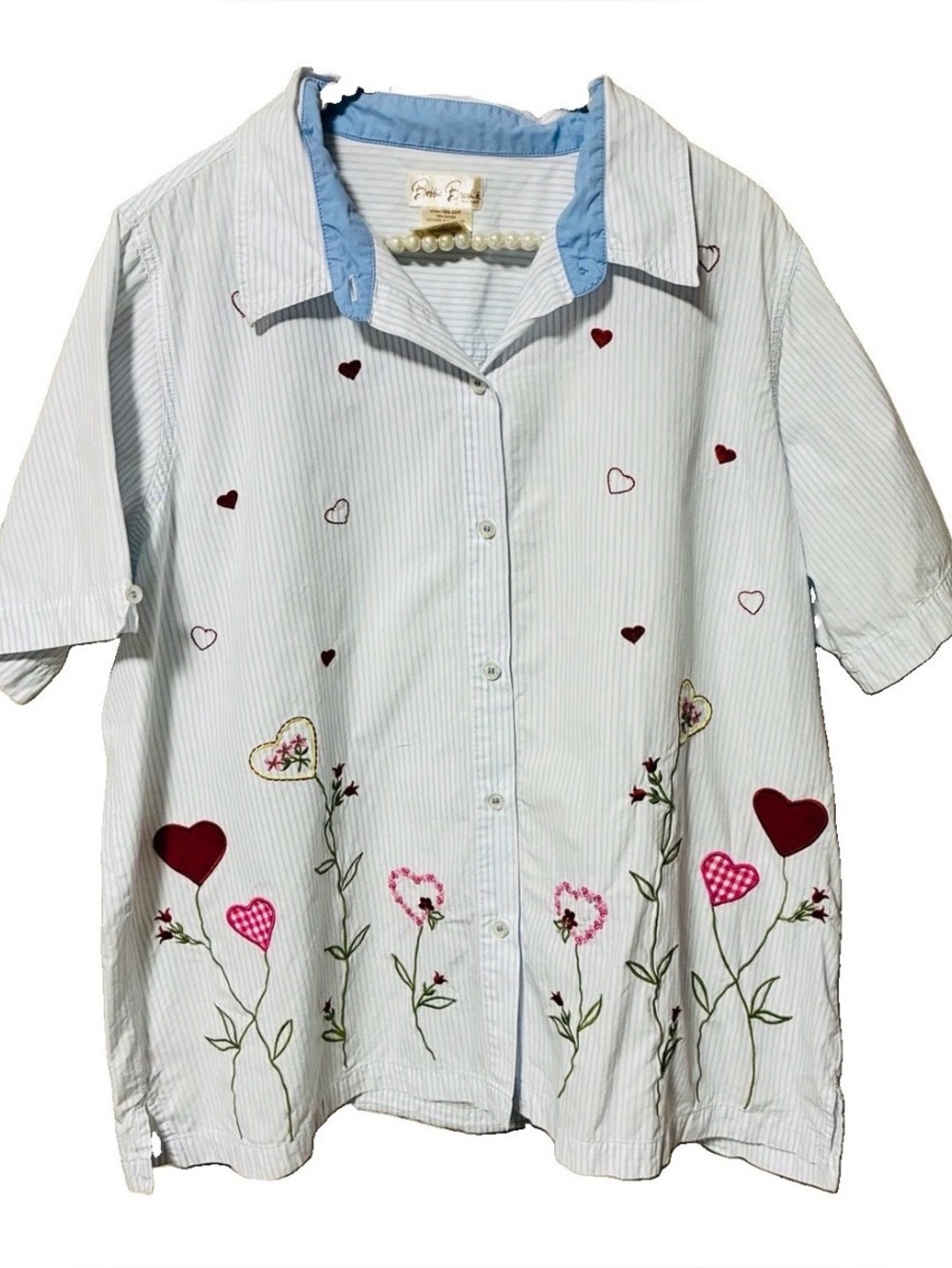 VNTG Bobbie Brooks Blue Striped Embroidered Heart Blouse  Size 18/20 Cotton 100%